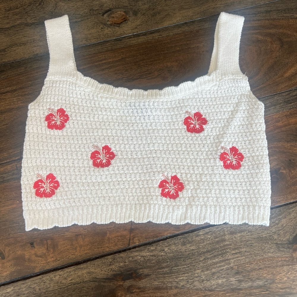 White Crochet Crop Top with Red Floral Accents~White Fable~ Size XS